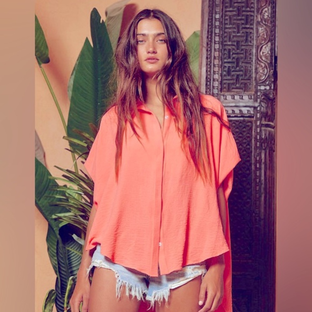 Short Dolman Sleeve Oversized Button-down front Short drop-shoulder shirt